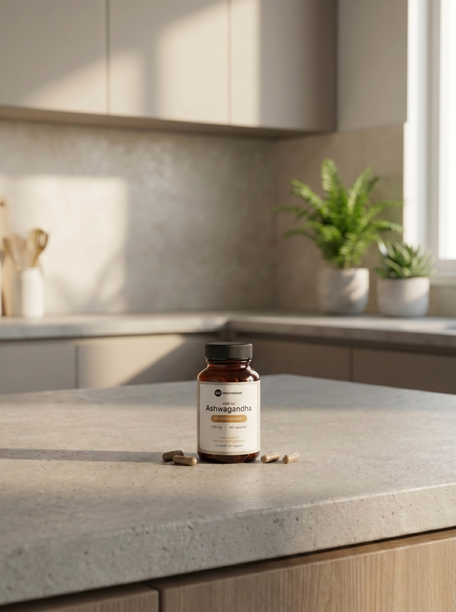 Ashwagandha ksm66 capsules on counter